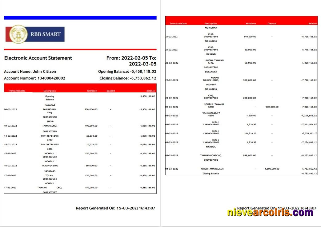 India RBB Smart bank statement 2 pages